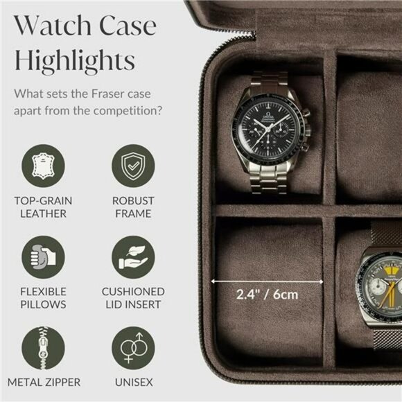 Tawbury Leather Watch Case 8 Slot Travel Watch Box with Zipper Brown - Picture 6 of 8